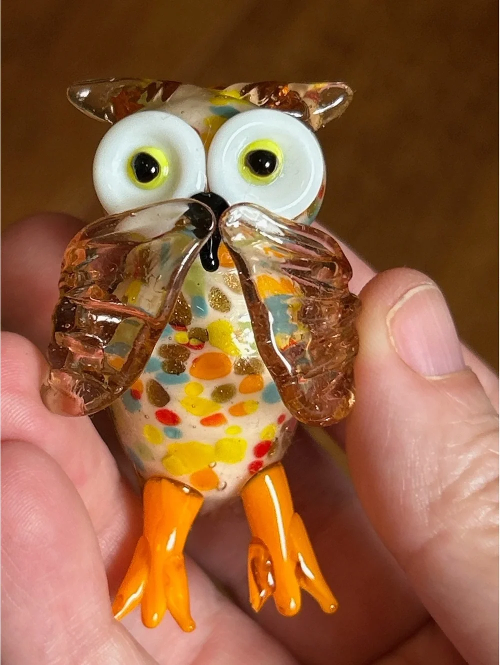Set of 3 Handcrafted Glass Owl Figurines with Multicolor Speckled Design